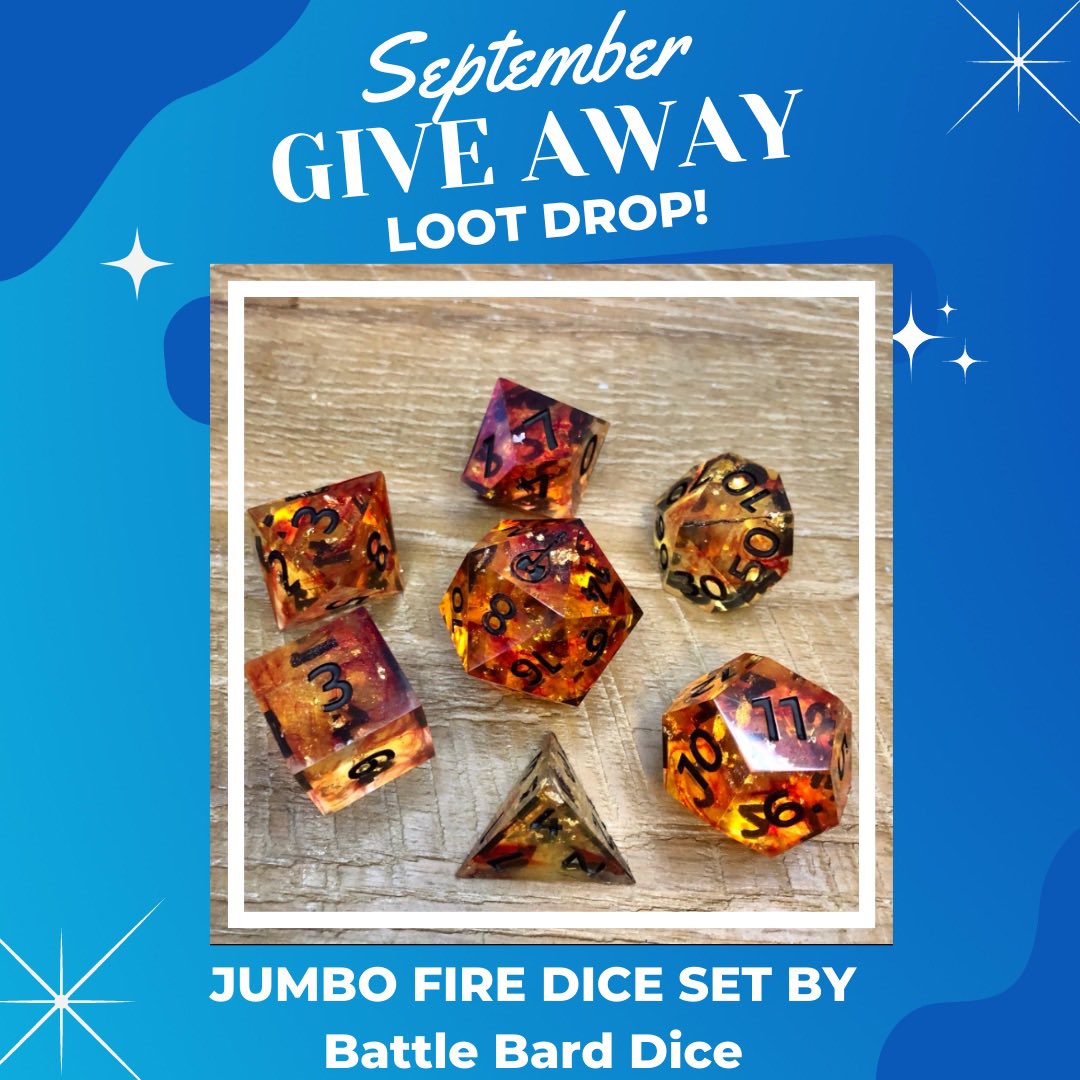 🌟Introducing our Patreon Monthly Giveaway!🌟

You thought we were done giving stuff away? WRONG!

Become a Patron and you may win awesome loot each month. 

🎁SEPTEMBER LOOT🎁
Handcrafted JUMBO Fire Dice Set
#ttrpgfamily #dnd #Giveaway #dicegiveaway #TTRPGs