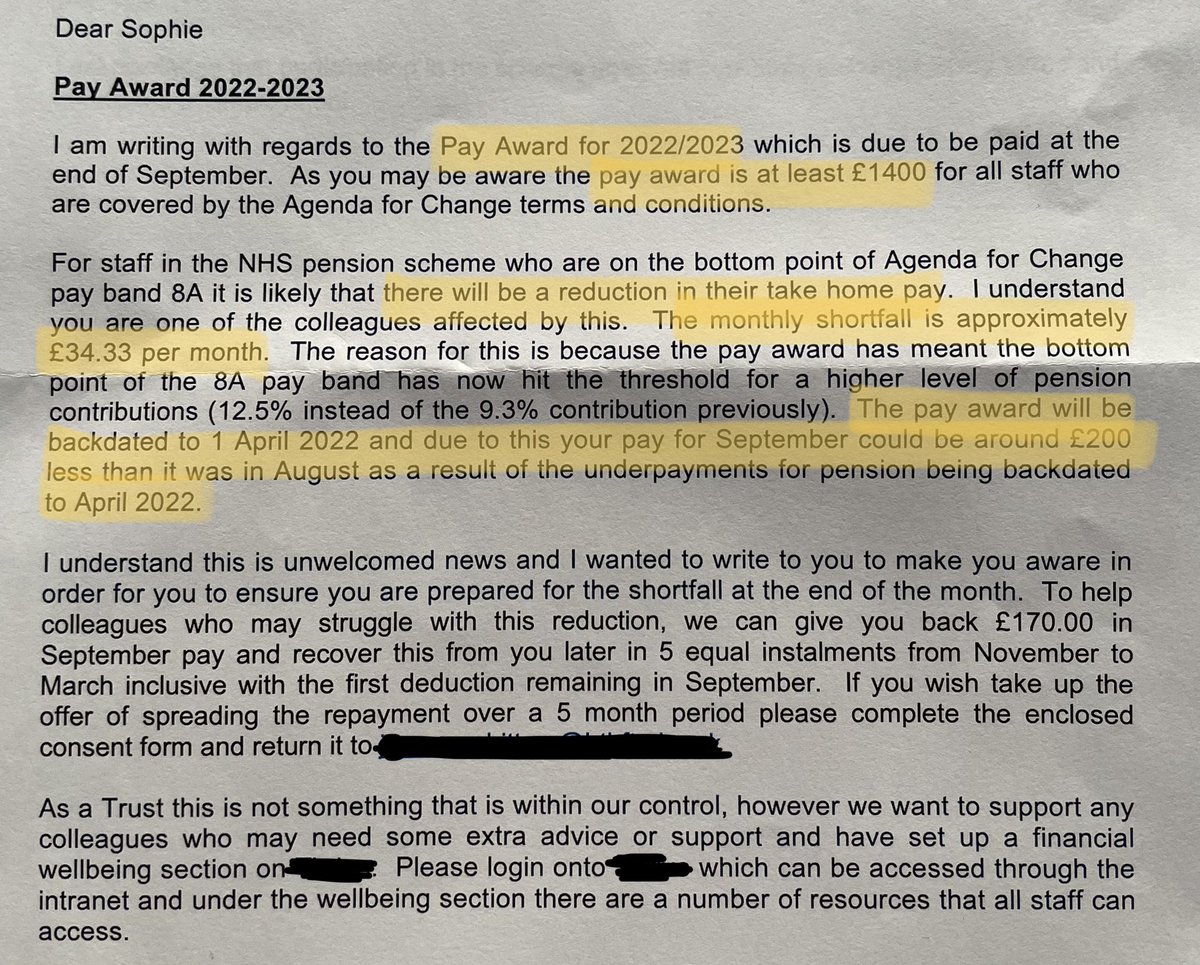 **The ‘PAY AWARD’ will be backdated to 1st April 22 and due to this your pay for September could be around £200 LESS ** 
‘Pay award’ = less take home
Disappointed to be greeted by this letter when I arrived home after my 39 hour NHS shift of work/on call. #nhs #nhspay #NHSPayCut