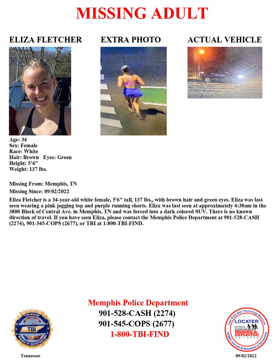 Tennessee Bureau of Investigation (@tbinvestigation) on Twitter photo Have you seen this woman or vehicle?
Eliza Fletcher was abducted this morning in midtown Memphis while running.
She was forced into a vehicle. There is no known direction of travel.
Tips? Call <a href="/MEM_PoliceDept/">Memphis Police Dept</a> at 901-528-2274 or 901-545-2677, or TBI at 1-800-TBI-FIND. 1/3 Have you seen this woman or vehicle?
Eliza Fletcher was abducted this morning in midtown Memphis while running.
She was forced into a vehicle. There is no known direction of travel.
Tips? Call <a href="/MEM_PoliceDept/">Memphis Police Dept</a> at 901-528-2274 or 901-545-2677, or TBI at 1-800-TBI-FIND. 1/3