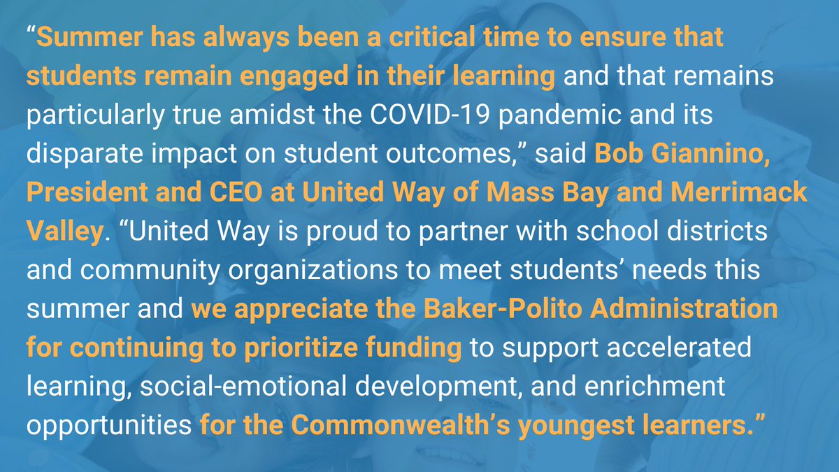 UnitedWayMABay's tweet photo. “Summer has always been a critical time to ensure that students remain engaged in their learning and that remains particularly true amidst the COVID-19 pandemic & its disparate impact on student outcomes,” @BobGiannino Pres & CEO UW MABay #SummerStepUp https://t.co/wpI98BOcZg https://t.co/eJFlJaLSzT