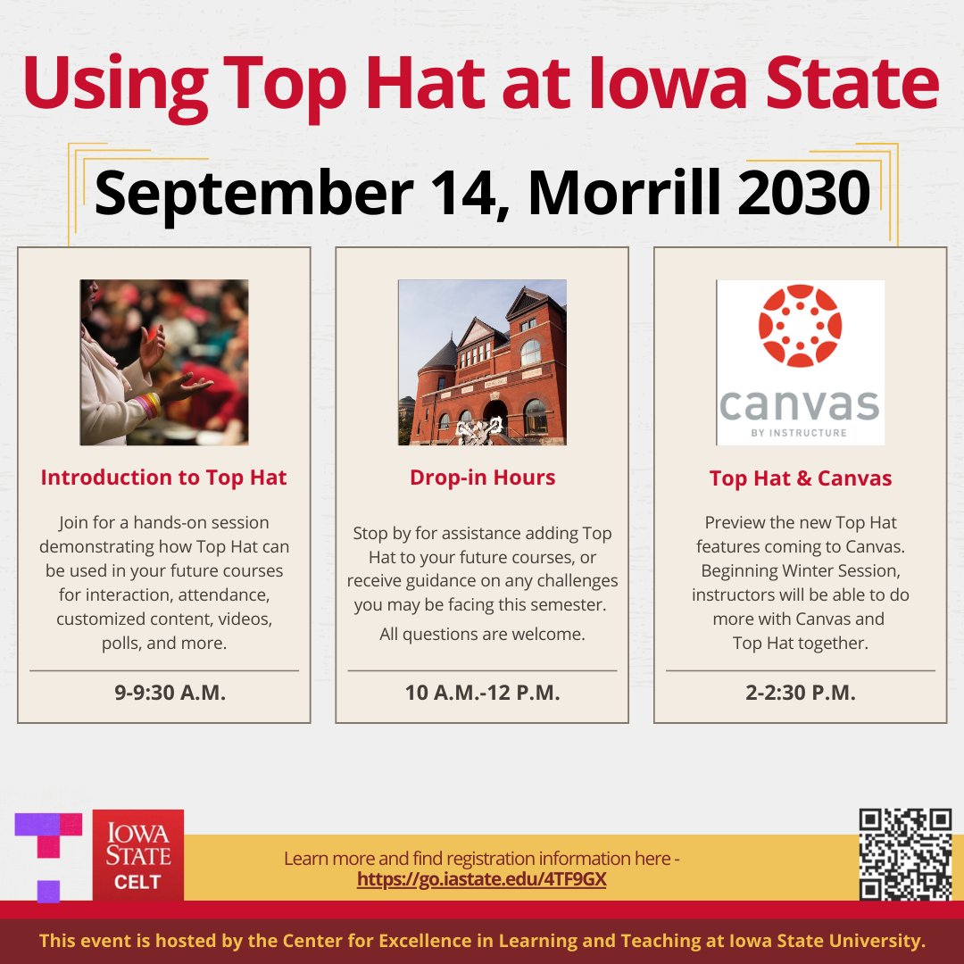 Next week, representatives from <a href="/TopHat/">Top Hat</a> will join us to lead workshops about integrating Top Hat in your course! Join us in the workshops or stop by the open hours on 9/13 and 9/14. More information can be found on our website: celt.iastate.edu/events/tag/top…