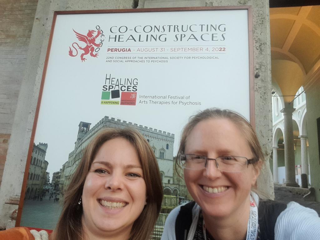 Me and my lovely colleague Hayley at end of 2nd day of ISPS Co-constructing healing spaces conference 2022. Tired but inspired!!
#Perugia 
#mentalhealth
#psychosis
#ispsuk 
#isps