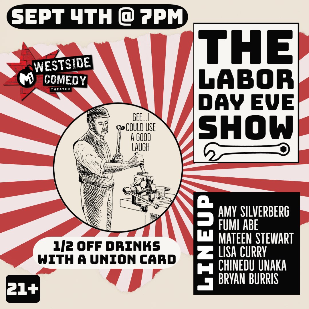 westsidecomedy's tweet photo. HALF OFF DRINKS WITH YOUR UNION CARD THIS SUNDAY 💪🏽
🎟 Tix at https://t.co/8W9gQXkAI1

#losangeles #comedy #standup @AmySilverberg @TheFumiAbe @MateenStewart @lisa_curry @chineducomedy @bryanburris @LeahBonnema @thejohnhastings @ChrisEstrada85 @PallaviGunalan @SeanGrantWords https://t.co/n62RQV1jzL