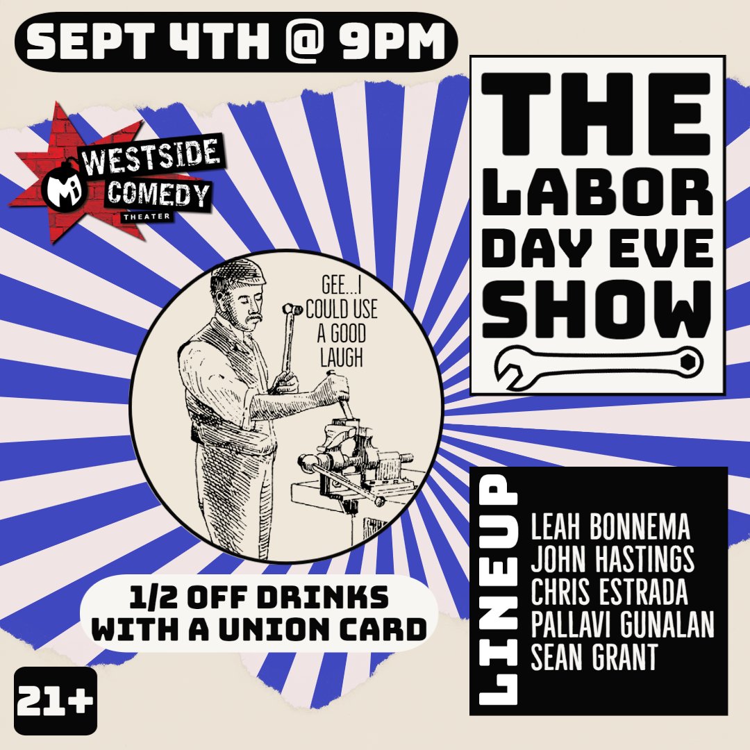 HALF OFF DRINKS WITH YOUR UNION CARD THIS SUNDAY 💪🏽
🎟 Tix at westsidecomedy.com

#losangeles #comedy #standup <a href="/AmySilverberg/">Amy Silverberg</a> @TheFumiAbe <a href="/MateenStewart/">Mateen Stewart</a> <a href="/lisa_curry/">LISA CURRY</a> <a href="/chineducomedy/">Chinedu Unaka</a> <a href="/bryanburris/">Bryan Burris</a> <a href="/LeahBonnema/">Leah Bonnema</a> <a href="/thejohnhastings/">john “buttface” hastings</a> <a href="/ChrisEstrada85/">Chris Estrada: ATLANTA Mar 27-29</a> <a href="/PallaviGunalan/">i can be your long lost pal</a> <a href="/SeanGrantWords/">Sean Grant</a>