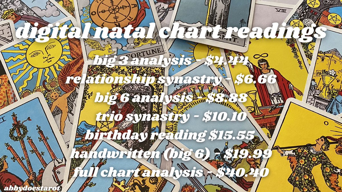 🌜🌟 HAPPY VIRGO SZN 🌟🌛

all natal chart readings are 22% off! use code VIRGOSZN at checkout! 🪄💐✨

linktr.ee/abbydoestarot