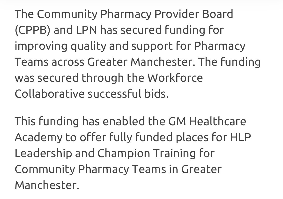 luvjitkandula's tweet photo. Calling all pharmacy teams and contractors in @GMLPC_ and @BoltonLPC - funded HLP champion and leadership places supported by #gmworkforce team apply now 👉https://t.co/dk1NjL9LxM https://t.co/vYusNtcvaf