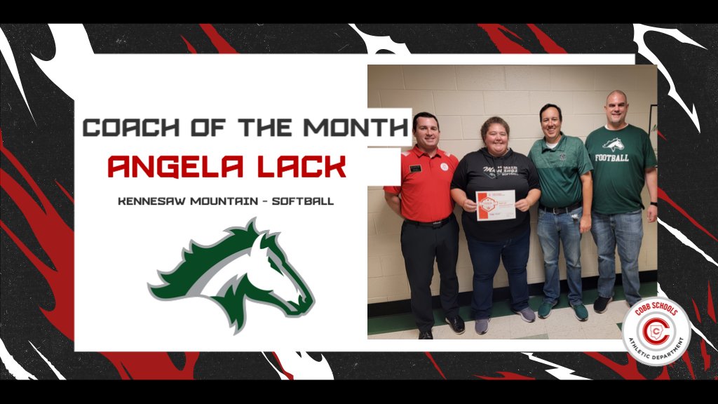 CCSD_AD's tweet photo. Congratulations to the @CobbSchools female Coach of the Month for August! Angela Lack of @KMHSathletics has led @KMHSfastpitch to a 8-2 record going 5-0 in region play! Thanks to @Braves and @GoodGameATL for sponsoring this recognition. @cobb_sports https://t.co/01Dw3mMdbw