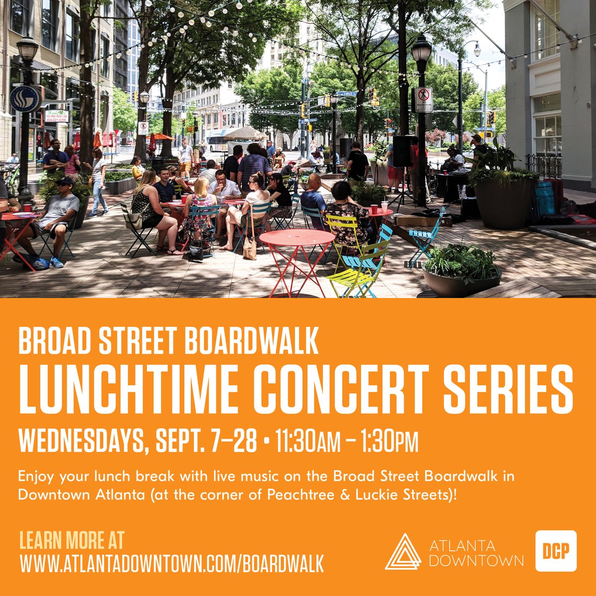 ATLPlanning's tweet photo. Every Wednesday in the month of September, we're inviting you to join us for the Broad Street Board Walk lunchtime concert series. Come listen to some great musical performers & eat your lunch on the newly remodeled boardwalk! Learn more at https://t.co/VG9RsOJ3Q7
#DesignBroadSt https://t.co/oZoM2u9Q30
