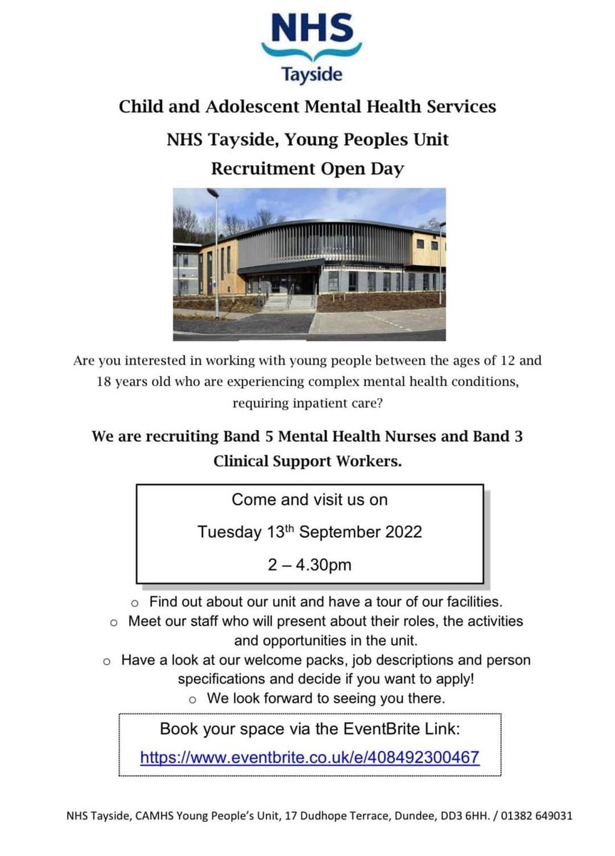 The YPU are recruiting Mental Health Nurses and Clinical Support Workers. Come and find out more on Tuesday 13th September by booking via the Eventbrite link! 

eventbrite.co.uk/e/408492300467
<a href="/NHSTayside/">NHS Tayside</a> <a href="/NHSHighland/">NHS Highland</a> <a href="/NHSGrampian/">NHS Grampian</a> <a href="/NHS_Shetland/">NHSShetland</a> <a href="/NHSOrkney/">NHS Orkney</a> <a href="/NHSWI/">NHS Western Isles</a>