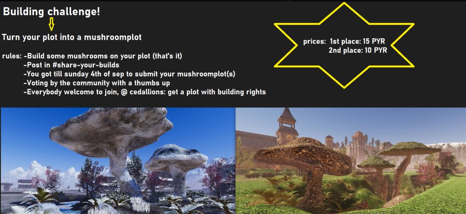 dangermousVV's tweet photo. Only two days left to take part in this @vulcanverse build contest! Couldn't be easier either, just build a mushroom on your plot...
25 $PYR up for grabs to the best two builds!!
@VulcanForged #metaverse #cedalions #Mushroom https://t.co/RilaNikHh4