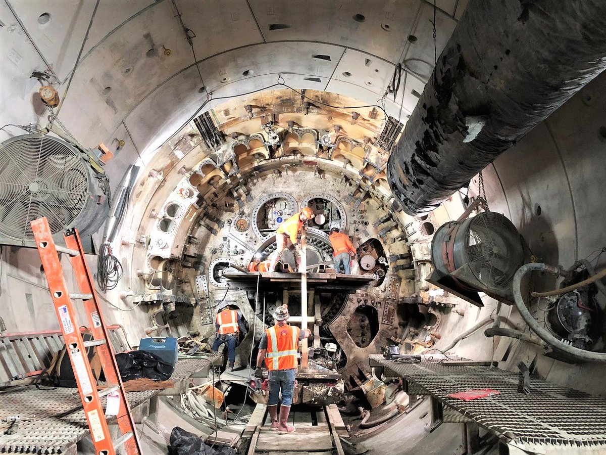 PurpleLineTBMs's tweet photo. TBM Fun Fact: The cutterheads on each TBM in Section 1 weigh 83,000 pounds. Here is a nice clear photo inside the TBM behind the cutterhead.  #TBM #cutterhead #train #engineering https://t.co/NF8rwuCW1B
