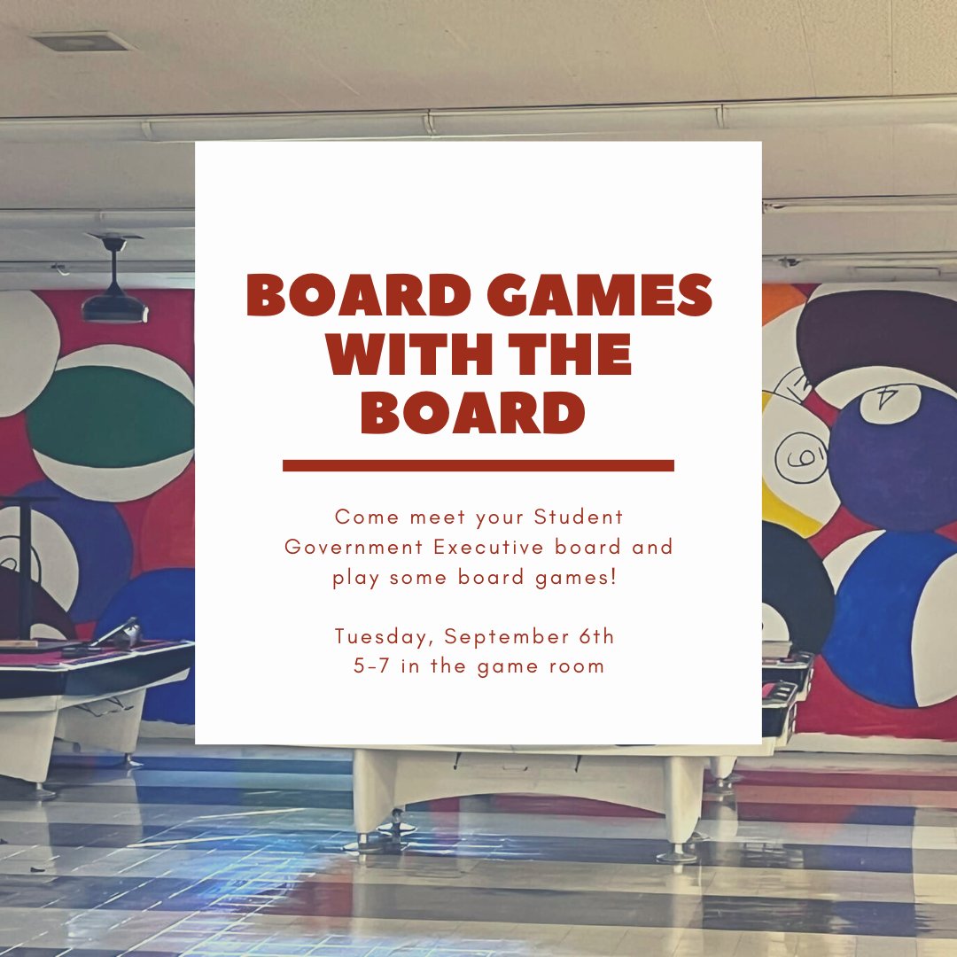 Your 2022-2023 Executive Board will be in the Game Room on Tuesday. Come out, say hi, meet your Execs and learn more about SGA. Hope to see you all there!
