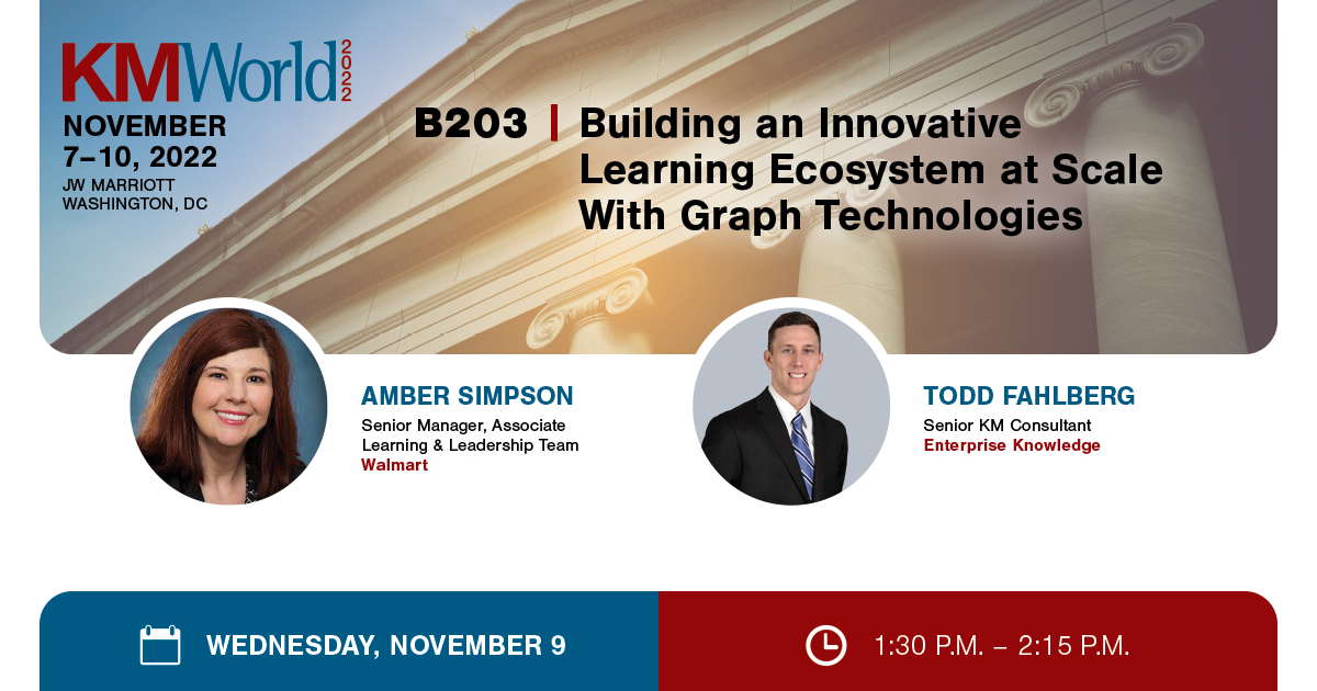 KMWorld's tweet photo. Find out more about Building An Innovative Learning Ecosystem At Scale With Graph Technologies with #KMWorld speakers Amber Simpson, @walmart, and Todd Fahlberg, @EKconsulting. Register and save $100 with code SOC22! https://t.co/ri1syEzrZw https://t.co/itsvQl6dSg