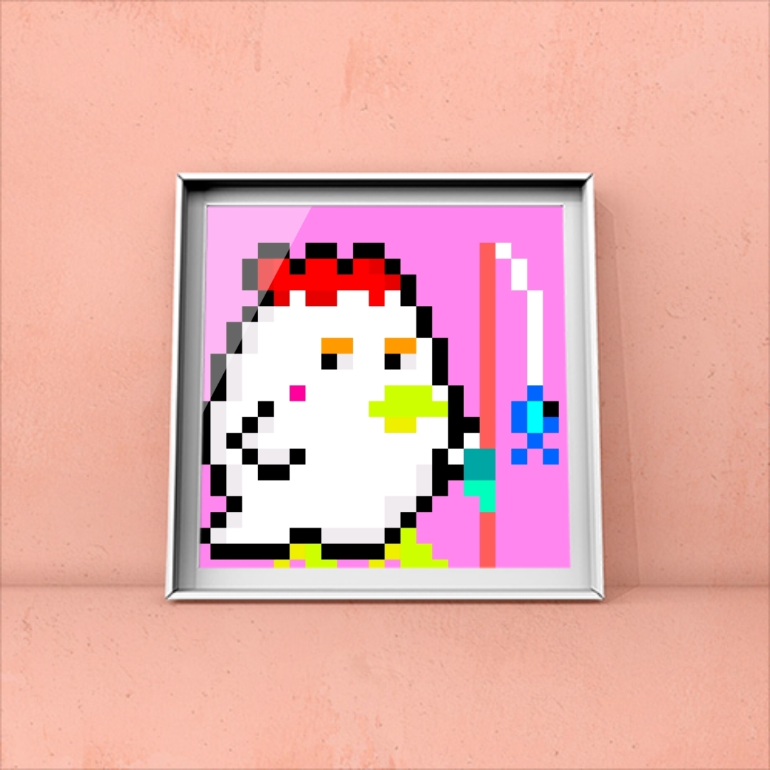 【きょうの新作】今晩23:00にリストします🐓

 #130『にわとりガール』
 🎣🐔

にわとりのたまごについて改めて考える機会になりました🥚✨ぼくは朝ごはんに卵かけご飯を食べるのが大好きです🍚

jpg作品は0.005 ETH で継続中👾✨今回からリスト時間を23時に変更しました⏰

URLはリプ欄にて～！！🚀