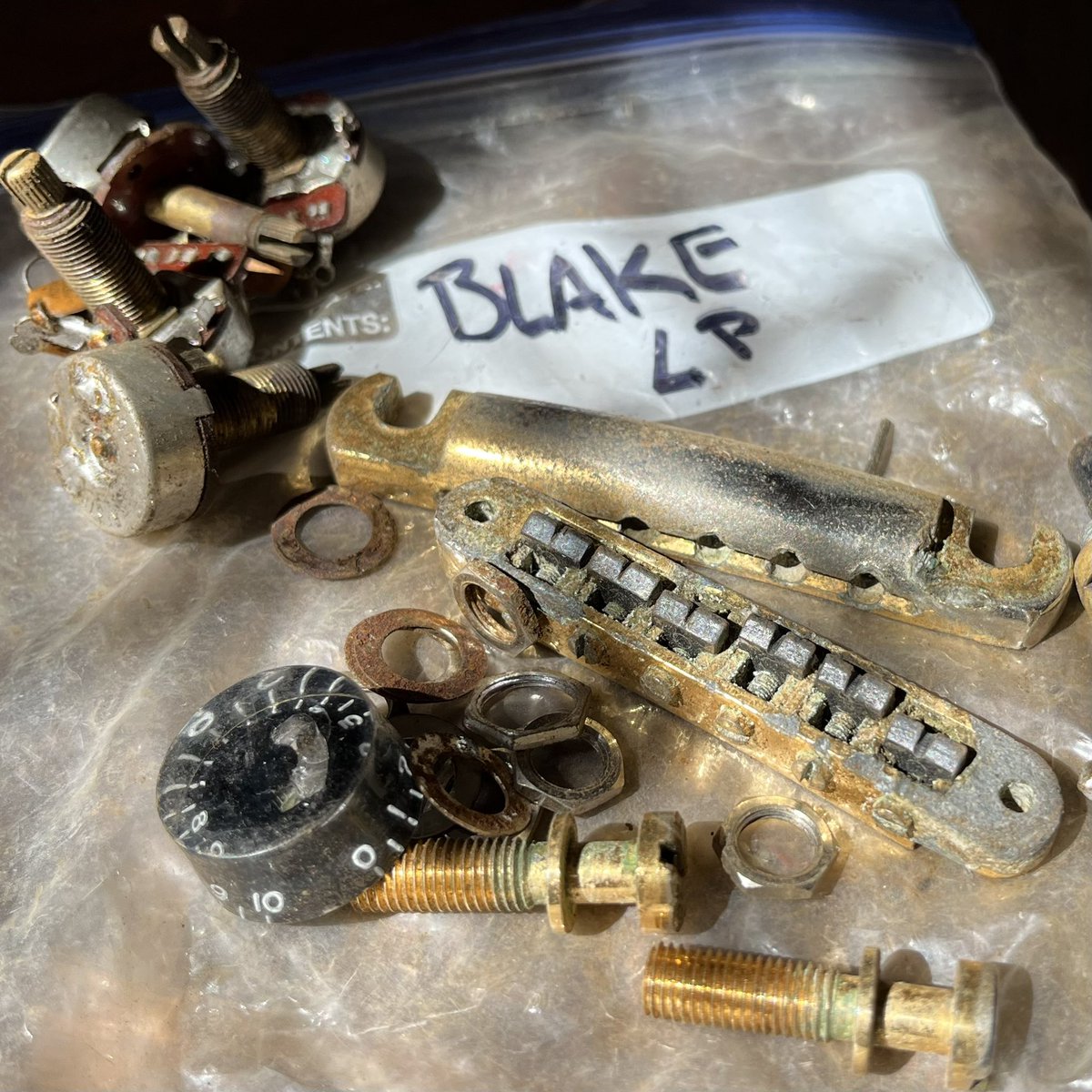 Blake’s original Gibson bridge, pots and parts from his old white Les Paul. Today is Bandcamp Friday™️ If you’d like to buy the highest quality digital versions of our records (anddemo #1 remixed by J Robbins), go to jawbreakerband.bandcamp.com or clink the link in our bio.