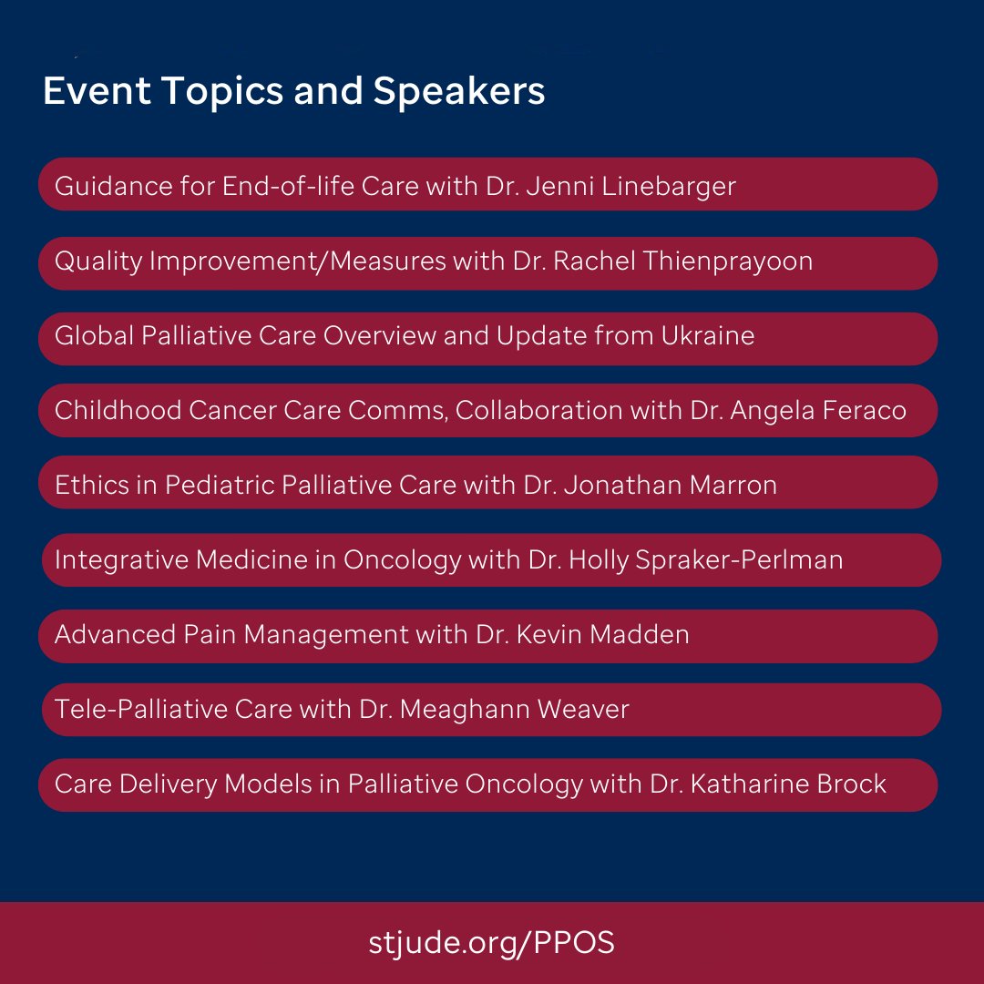 StJudeResearch's tweet photo. The virtual event will feature palliative care experts from St. Jude, @DanaFarber, @MDAndersonNews, @cincychildrens, @childrensmercy and more. It'll be simultaneously translated into Spanish, recorded and available post-event. https://t.co/Fk1TjOGGQx #PPOS22 #PedPC #CCAM https://t.co/dmr7F5nGHH