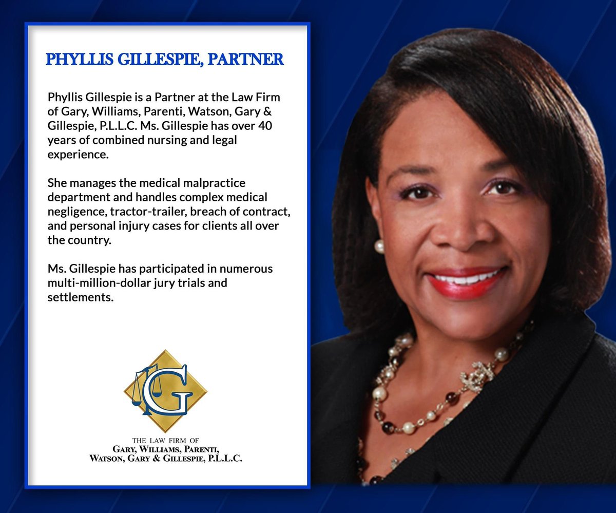 WillieGaryLaw's tweet photo. Phyllis M. Gillespie, Partner has more than 40 years of combined nursing and legal experience. She manages the medical malpractice department and handles complex medical negligence and personal injury cases for clients all over the country. https://t.co/3g0D307qHH