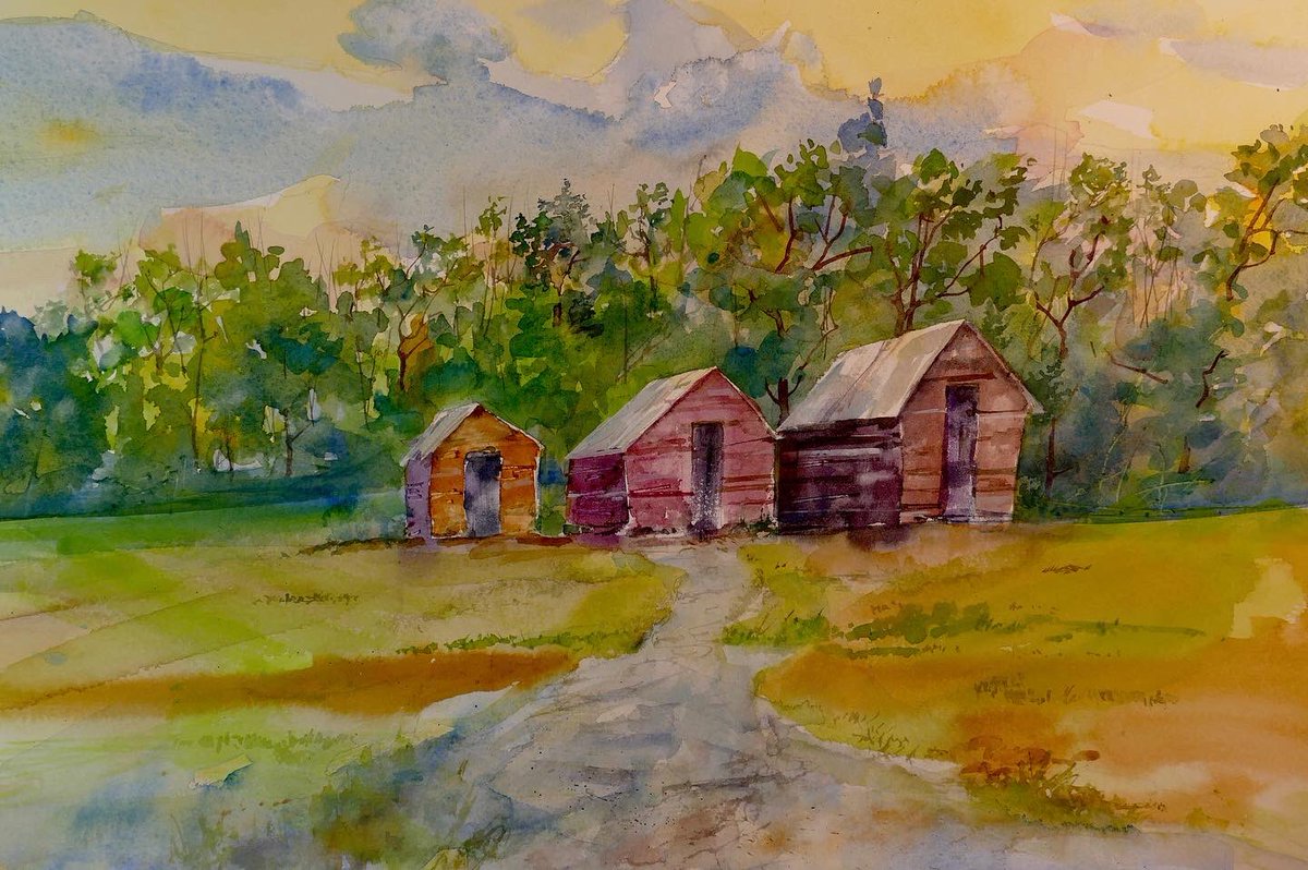 “Three Barns, Liberty Hill Rd. North Iredell Co.” #watercolor original @brframeworks #blowingrocknc #ncartist #weswaugh #boonenc #landscapepainting #americanjourneywatercolor @cheapjoesartstuff