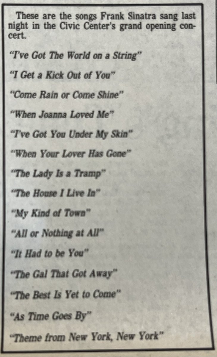 CraigSemon's tweet photo. #FrankSinatra Sept. 2, 1982
The program (back cover)
The set list 
The #Centrum
#CentrumMemories
#CentrumAt40
#CentrumTop40 https://t.co/M2bVm9wAMj