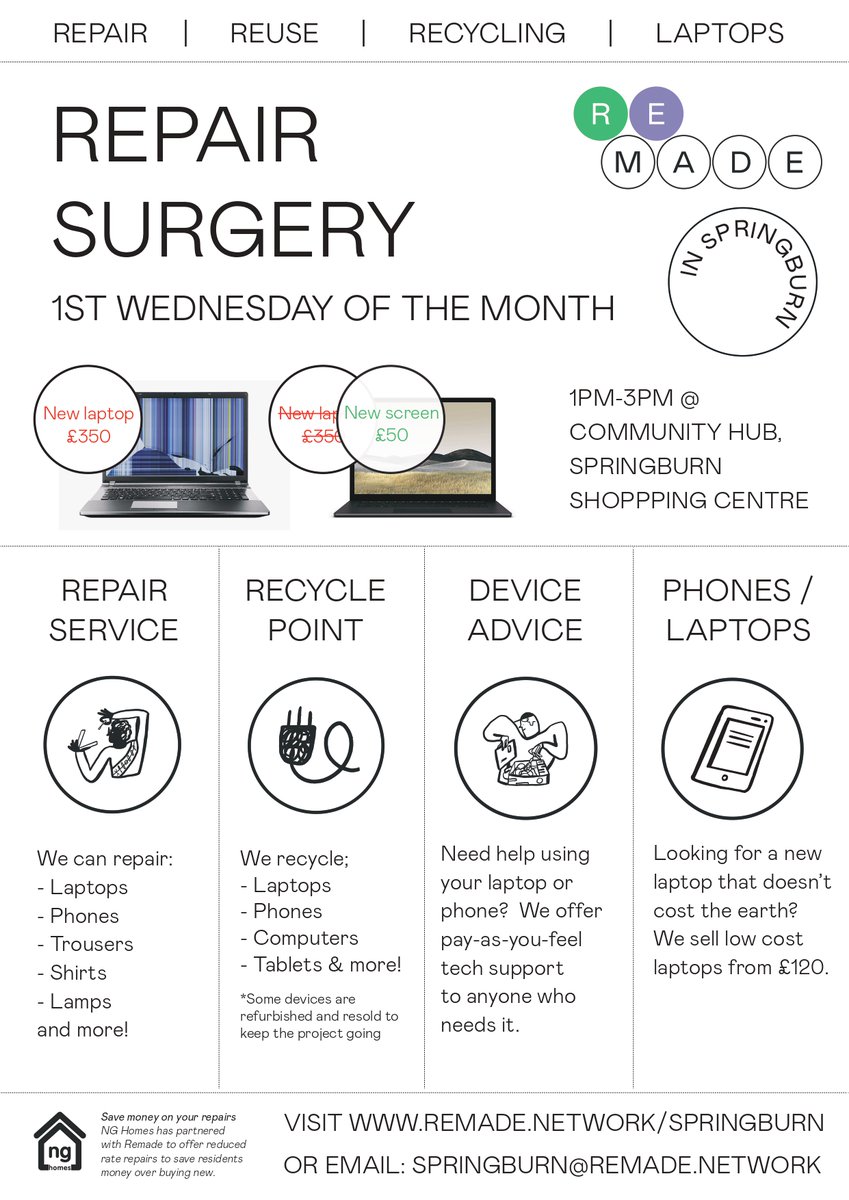 ngha_community's tweet photo. NEXT WEEK-REPAIR/REUSE

Partners @remadenetwork are piloting a new local monthly tech repair kiosk...

Got a device that needs a small repair?
Want to get rid of an old device?
Need advice on how to use tech?
Our friends could help-come along to Springburn Hub on Weds from 1pm https://t.co/8C5swedN2r
