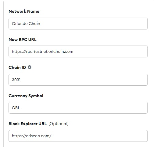 Orlando_Chain's tweet photo. How to Connect MetaMask to Orlando Chain

Input the following new information and press save:
Network Name: Orlando Chain 
New RPC URL: https://t.co/mBdrhLa43y
ChainID: 3031
Symbol: ORL
Block Explorer URL: https://t.co/OKec9OYavc https://t.co/dvSWpTSR3D