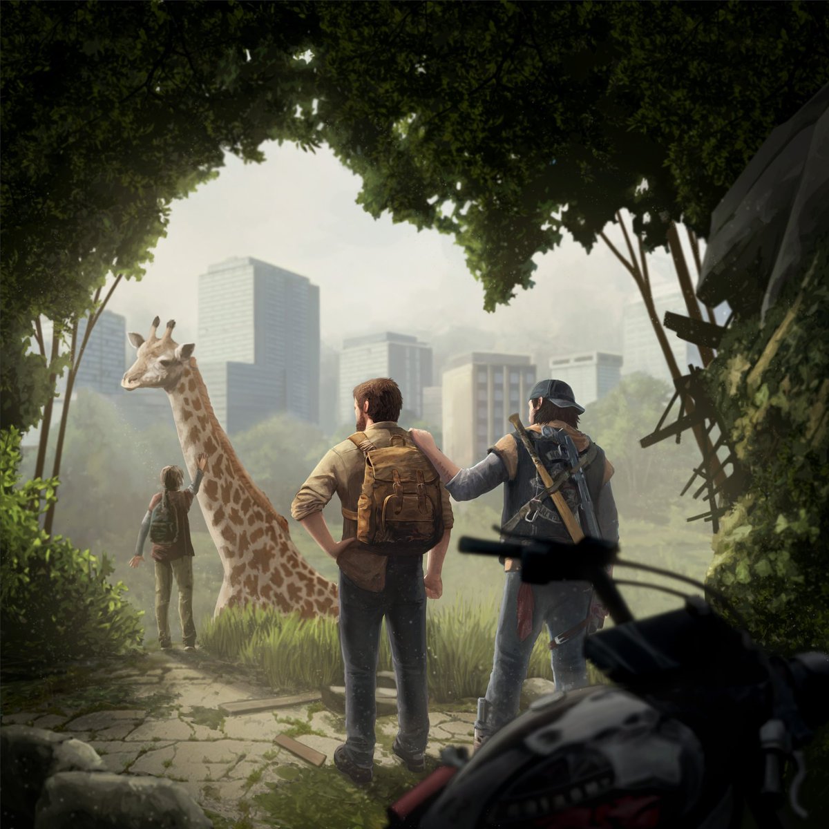Deacon St. John from Days Gone stands to the right of Joel from The Last of Us as they watch Ellie pet a giraffe. The fuel tank of the Drifter bike is seen on the bottom right hand corner of the image slightly out of focus. You can see skyscrapers off in the distance as they stand in an overgrown and ruined building.