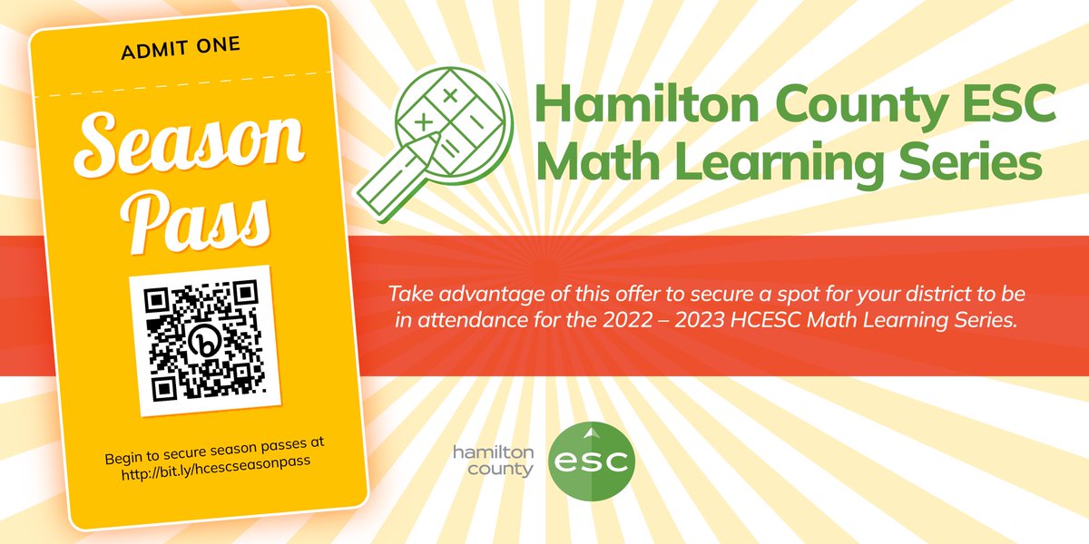 We are excited to launch the HCESC Math Learning Series this year.  Take advantage of the opportunity to purchase a season pass for your district to send different educators to each event based off the targeted audience.  Interested? bit.ly/hcescseasonpass <a href="/HamiltonCoESC/">HCESC</a>