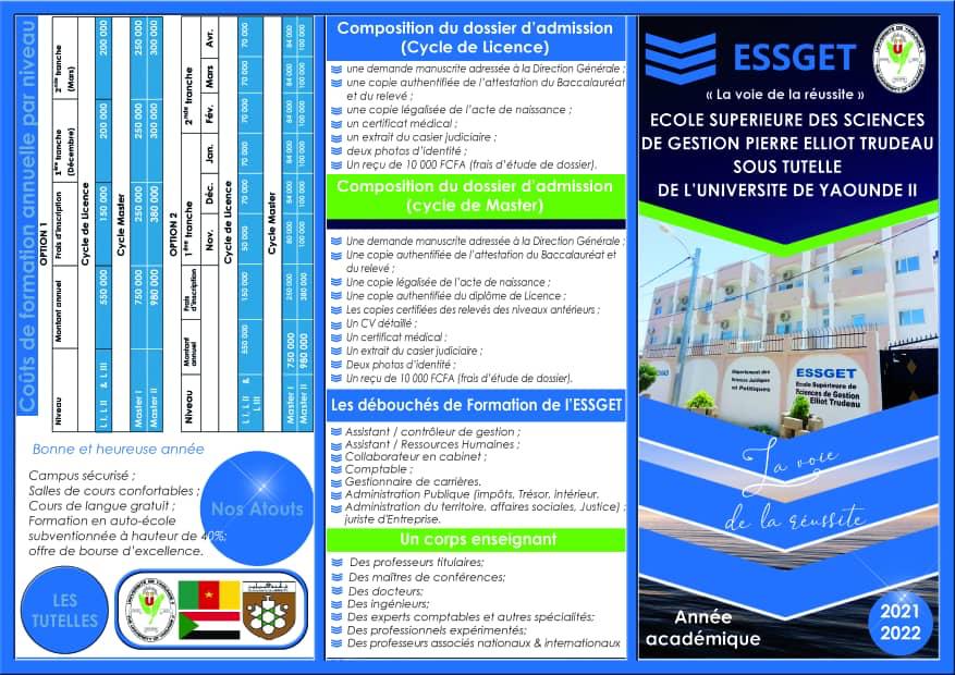 *Rentrée académique 2022-2023 *
Lancement des pré-inscriptions et pré-inscriptions à l’ESSGET. 
Procédure de préinscription des nouveaux étudiants en ligne: essget-cef.com/se-preinscrire
Les dépôts des dossiers physiques débuteront le lundi 12/09/22 à 8h00