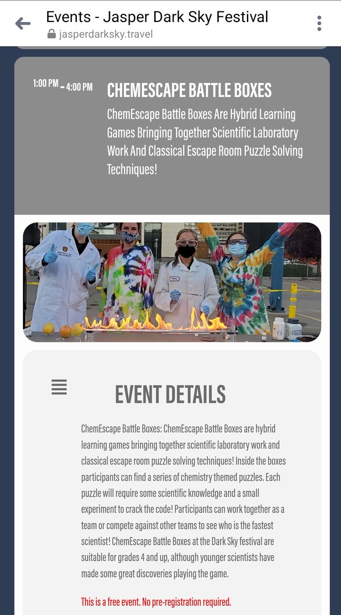 chem_escape's tweet photo. I hope your excited for fall! We are very excited to be presenting at @DarkSkyFestival in Jasper October 22nd! Mark your calendars! #scienceoutreach #battleboxes https://t.co/H1xLdkKWMR