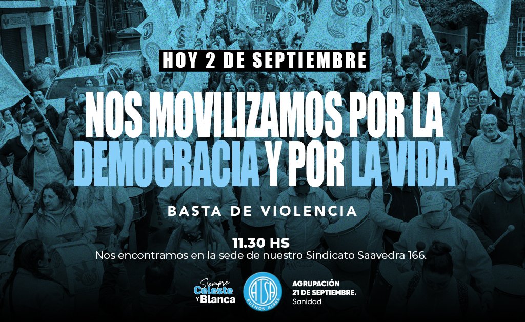 AtsaBsAs's tweet photo. EN DEFENSA DE LA DEMOCRACIA Y LA VIDA

Compañerxs, lxs convocamos a todxs para movilizarnos junto con los distintos sectores de la sociedad a la Plaza de Mayo en defensa de que en nuestro pais prevalezca siempre la armonía social y el respeto de los valores democráticos. https://t.co/evaORcdTri
