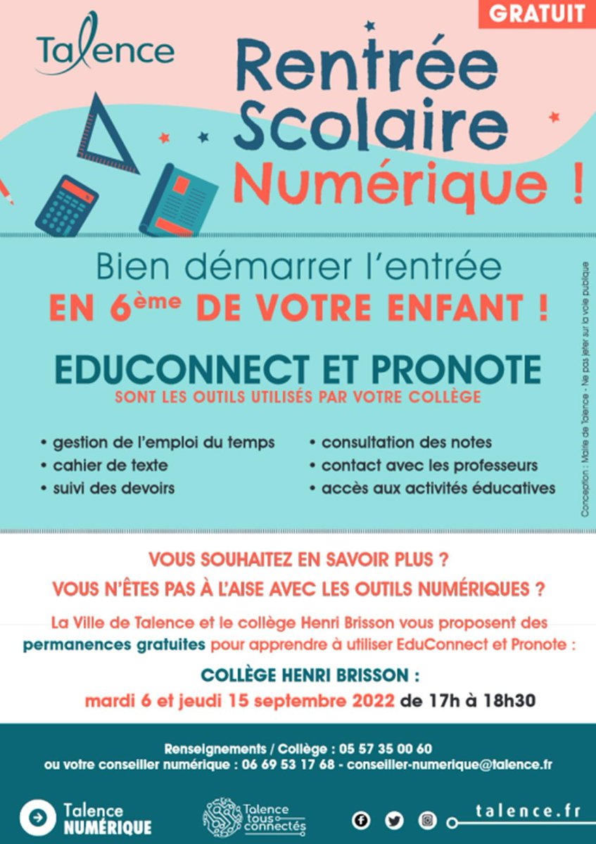 Le collège Henri Brisson et la <a href="/villedetalence/">Ville de Talence</a> s'associent pour proposer une formation aux parents d'élèves, prioritairement de 6ème, sur les outils numériques indispensables pour le suivi de leurs enfants au collège. Rendez-vous les 6 et 15 septembre 2022 !