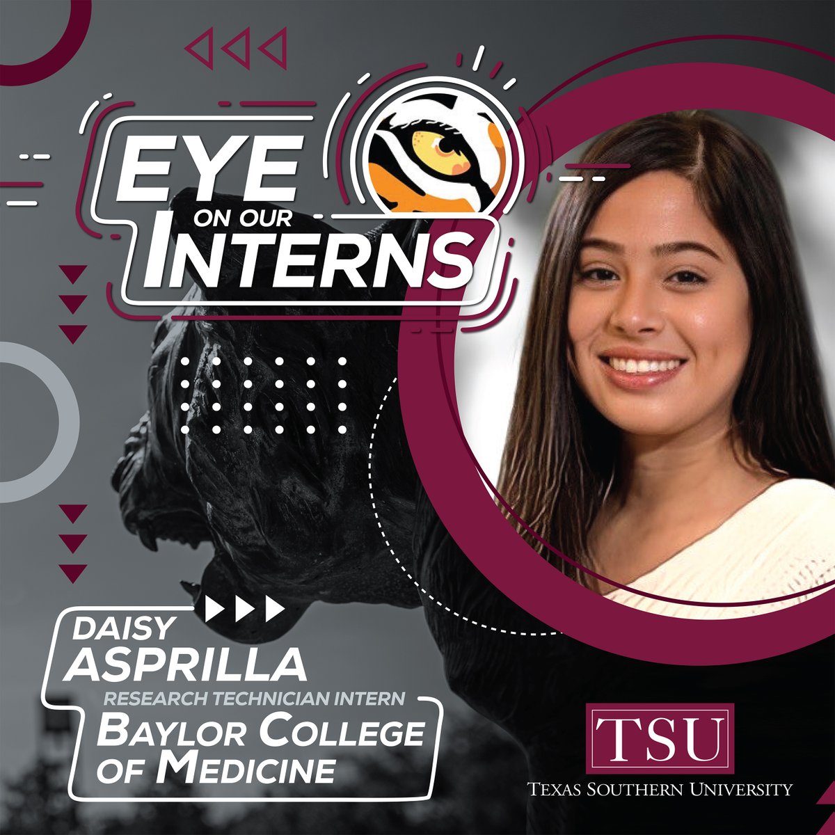 TexasSouthern's tweet photo. Tiger Nation, meet Daisy Asprilla. This sophomore Health Administration major spent the summer as a Research Technician intern at @BCMHouston. She plans to be a pediatric oncology nurse. #TSUProud #TSU #TexasSouthern #TSUInterns #houston #hbcu https://t.co/l6j6NnsBJH