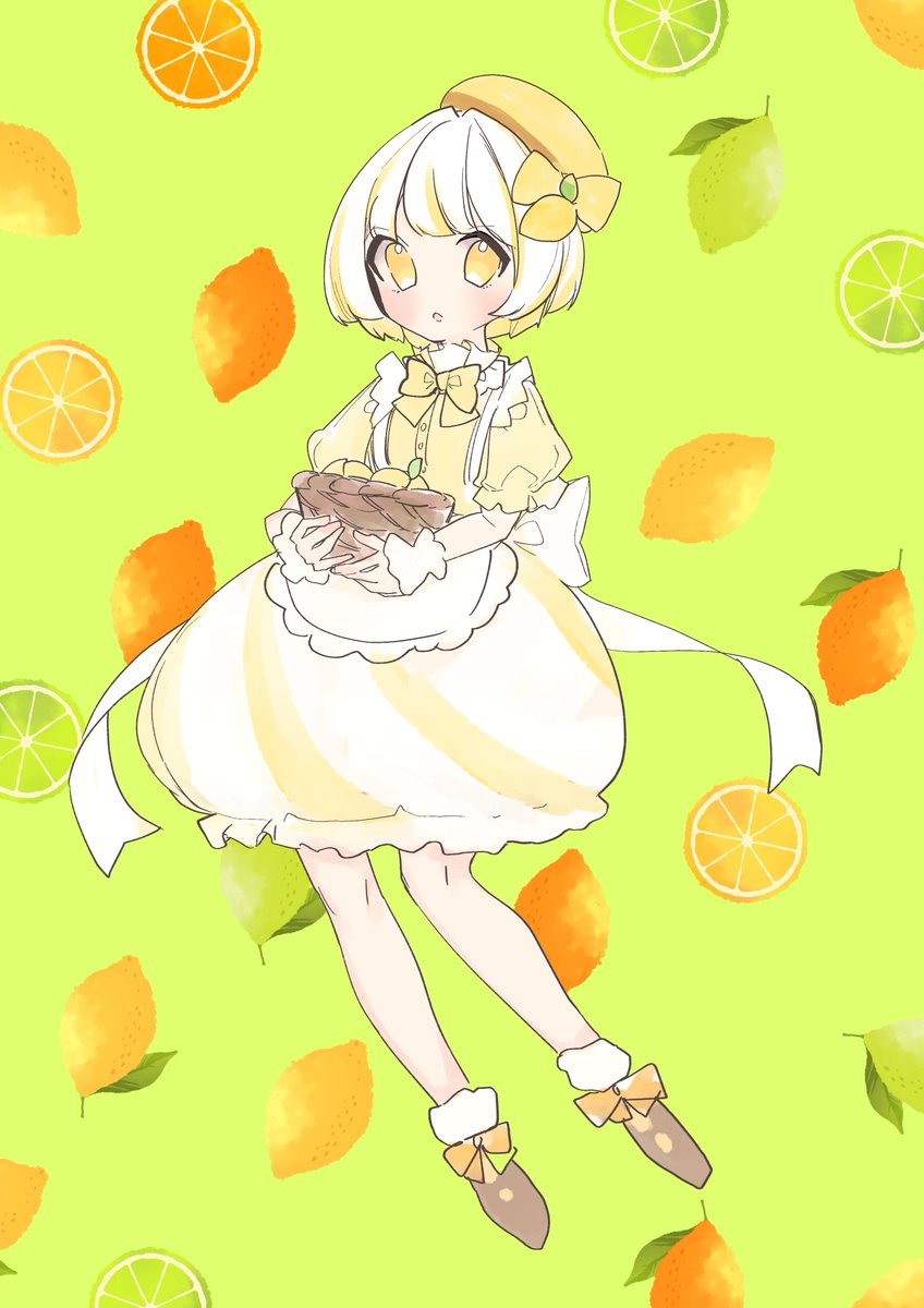 1girl solo food fruit basket bow short sleeves  illustration images