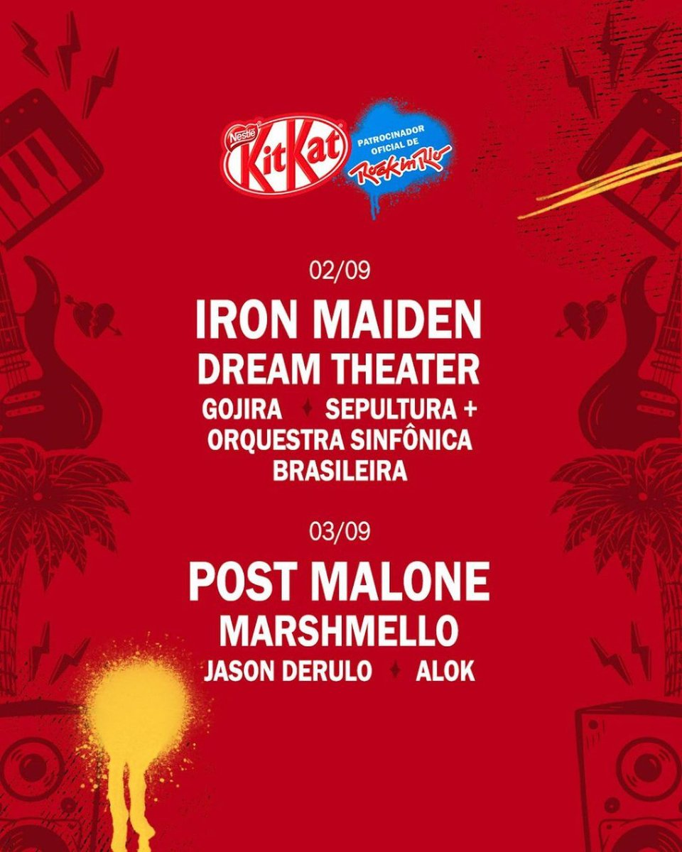 KitKatPy's tweet photo. Comenzó setiembre y hoy arranca el #RockInRio! 🤩 Nuestros ganadores ya están ansiosos para ir a disfrutar del festival más grande en Rio de Janeiro. 
Hacemos la previa con el line-up… 🔥🎸😎
¿Cuál es tu banda favorita? https://t.co/dHNGK178cK
