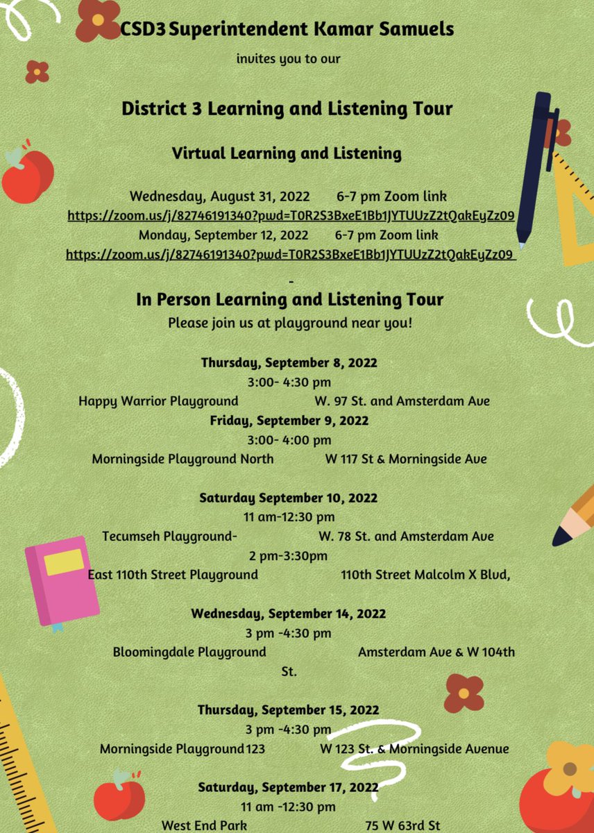 Our new community superintendent <a href="/kamar_samuels/">District3Supt</a> will be in our playground Happy Warrior on the first day of school at dismissal. Please join us. 👟 👟 <a href="/NYCSchools/">NYC Public Schools</a> <a href="/CEC3NYC/">CEC3</a> #uws