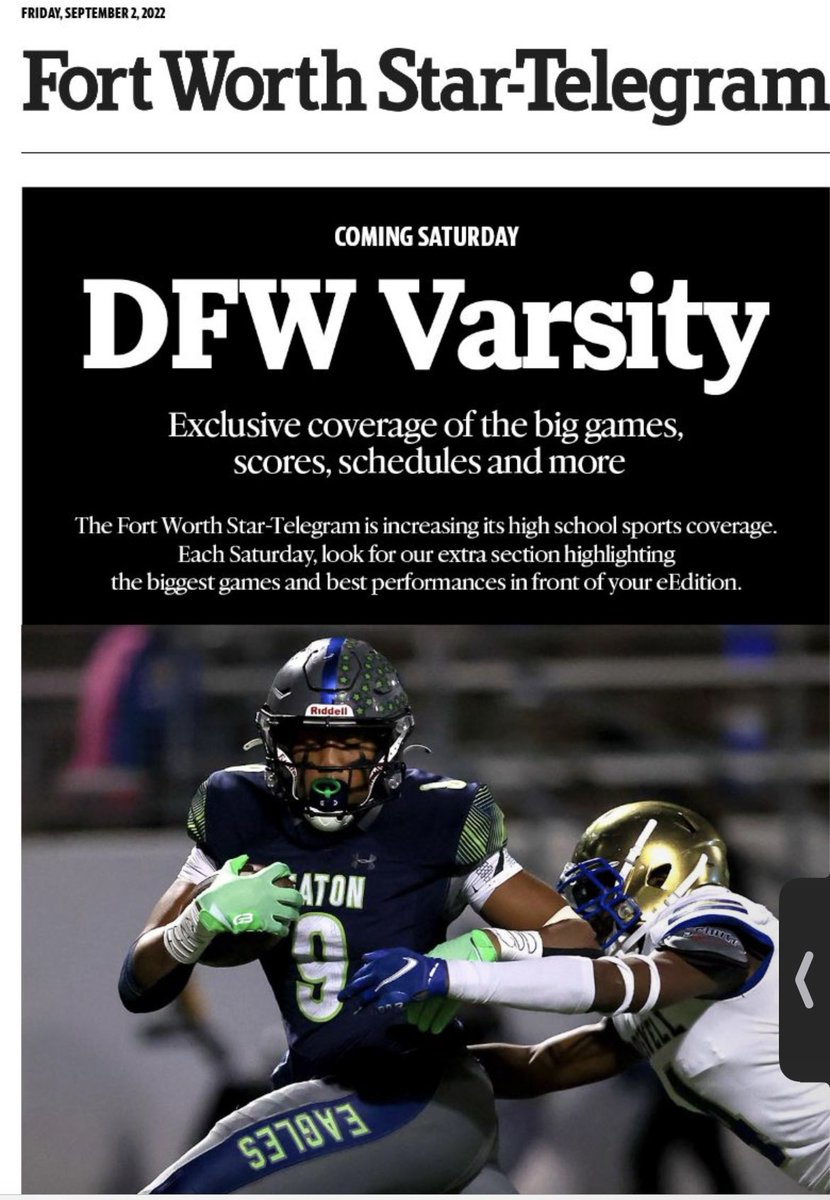Gosset41's tweet photo. Second straight Friday the @startelegram print edition goes all in on high school sports coverage! Social media stories and look @VivMParker made the front page! Go get a copy. Online as well! And don’t forget every Saturday in our e-edition we have high school football coverage! https://t.co/qtSNG2yB57
