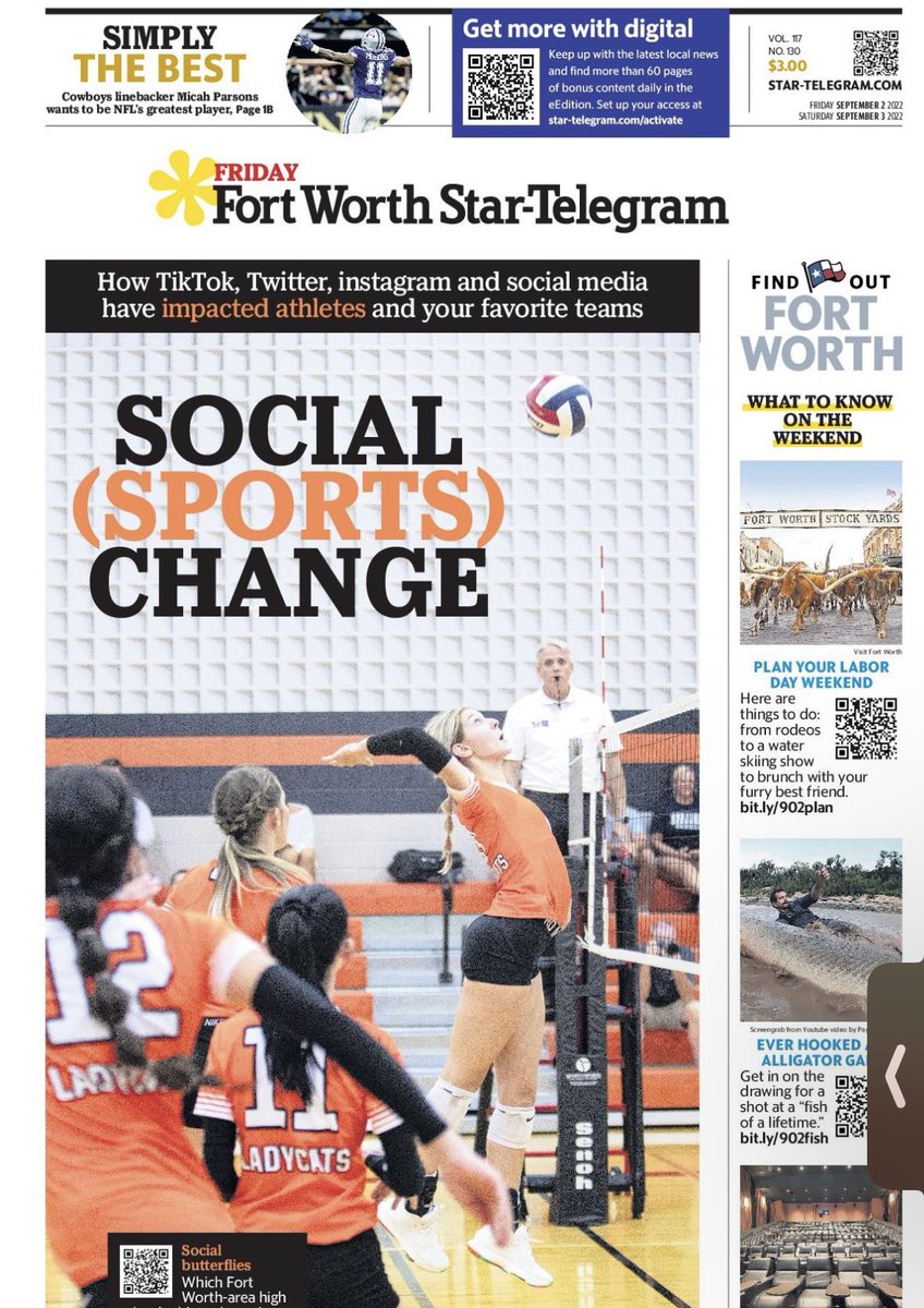 Gosset41's tweet photo. Second straight Friday the @startelegram print edition goes all in on high school sports coverage! Social media stories and look @VivMParker made the front page! Go get a copy. Online as well! And don’t forget every Saturday in our e-edition we have high school football coverage! https://t.co/qtSNG2yB57