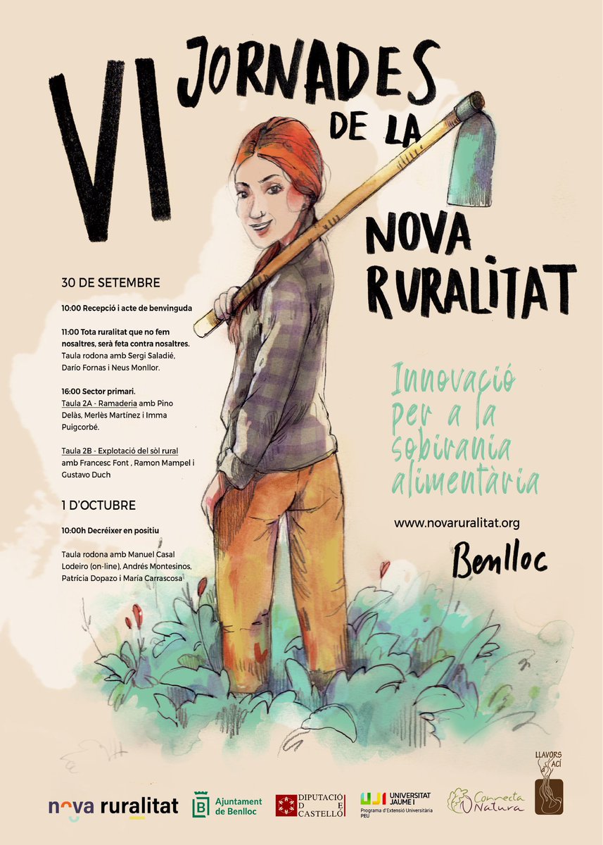 Ja vos podeu inscriure a les VI jornades de la #NovaRuralitat, el dies 30 de setembre i 1 d'octubre en Benlloc.
Innovació per a la sobirania alimentària.
docs.google.com/forms/d/1teW06…