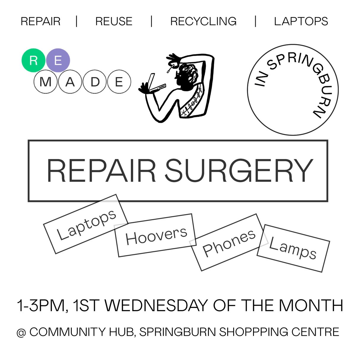 remadenetwork's tweet photo. We're running a monthly #Repair Surgery in Springburn in partnership with @ngha_community 

📍 @ The Community Hub in #Springburn Shopping Centre 
📍 First Wednesday of the month, starting 7th Sept
📍 1pm - 3pm

For more info visit https://t.co/3X4l2YTj0O https://t.co/IhiqPNMG6V