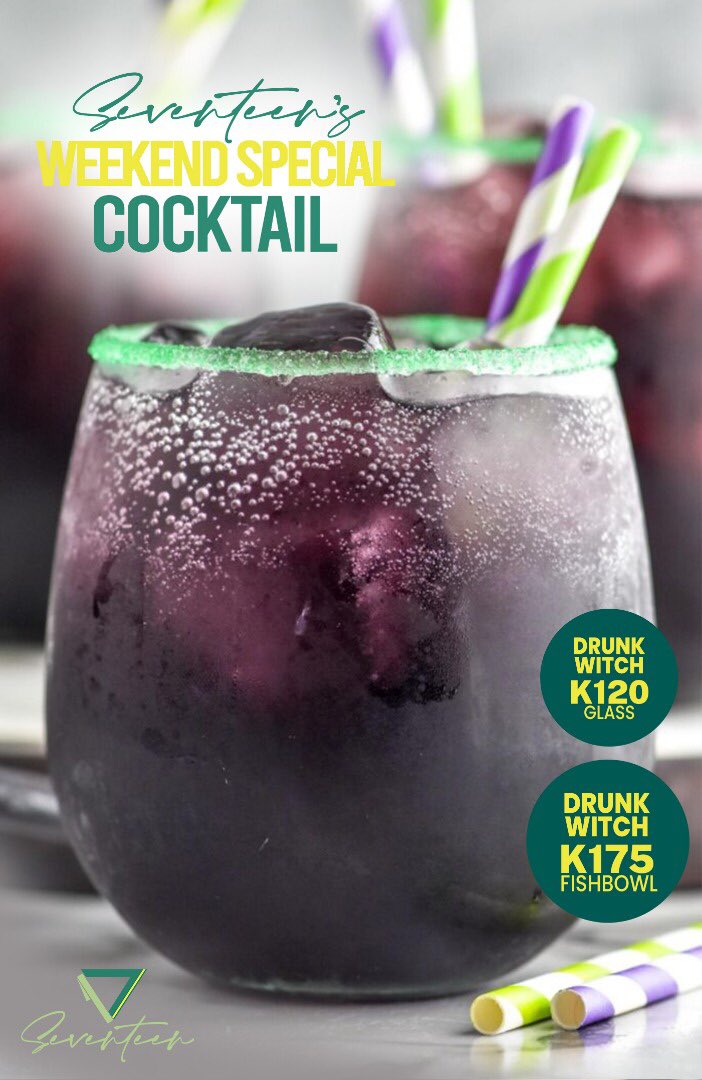 SeventeenZm's tweet photo. Be the first to taste to our newest house cocktail #DrunkWitch🍹 on this weekend’s Seventeen specials For only k120 in a glass & k175 in a fishbowl 🍹🍸❣️
#DrunkWitchCocktail
#seventeenzm
#Housecocktails #theperfectplacetounwind https://t.co/ik4Z44BrXi