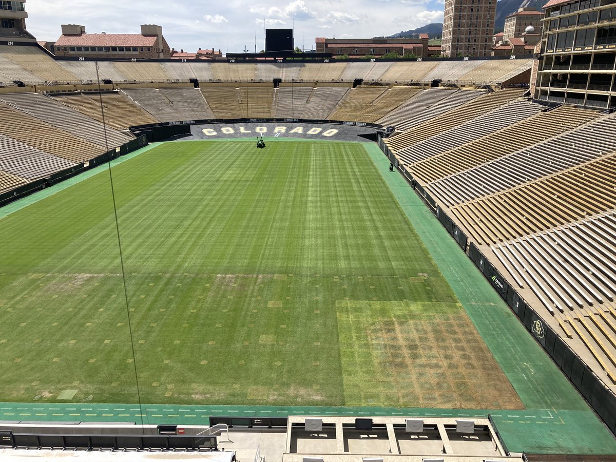 CUBuffsTurf's tweet photo. Folsom Field on June 20th following @deadandcompany concerts and today before @CUBuffsFootball season opener.  Incredibly proud of the crew for getting us to this point without sod. #GoBuffs #Team1stClass #DominateDetails #AttitudeAndEffort #5Ps https://t.co/koY7l4A5js