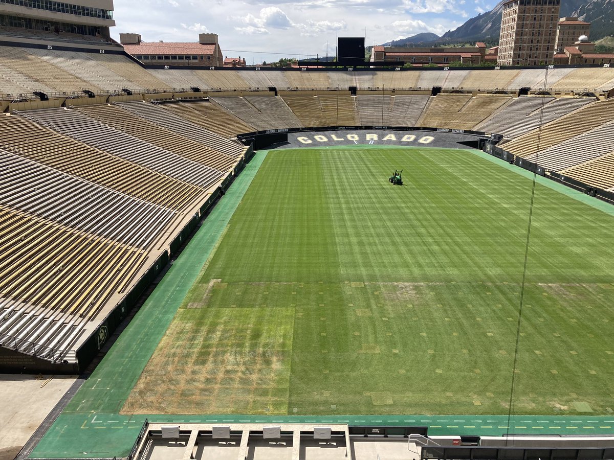 CUBuffsTurf's tweet photo. Folsom Field on June 20th following @deadandcompany concerts and today before @CUBuffsFootball season opener.  Incredibly proud of the crew for getting us to this point without sod. #GoBuffs #Team1stClass #DominateDetails #AttitudeAndEffort #5Ps https://t.co/koY7l4A5js
