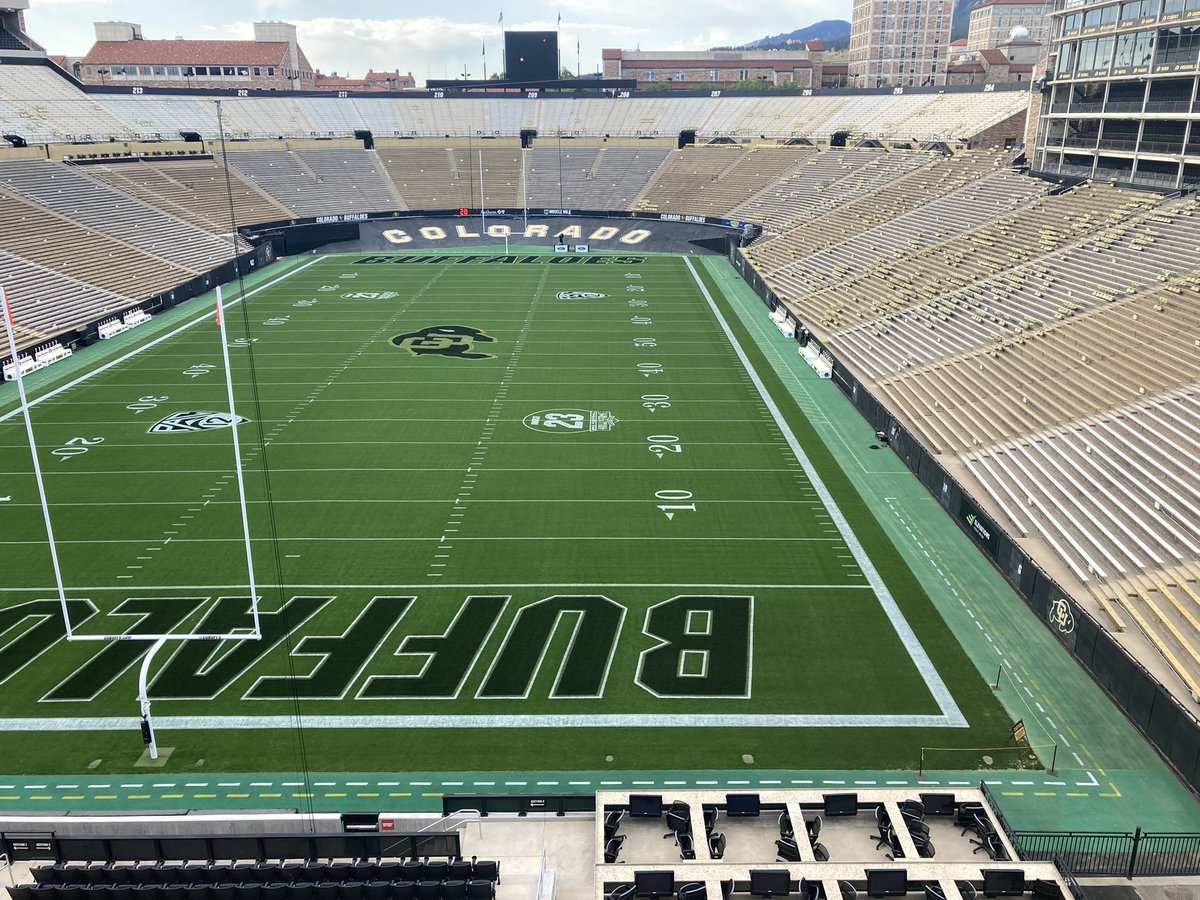 CUBuffsTurf's tweet photo. Folsom Field on June 20th following @deadandcompany concerts and today before @CUBuffsFootball season opener.  Incredibly proud of the crew for getting us to this point without sod. #GoBuffs #Team1stClass #DominateDetails #AttitudeAndEffort #5Ps https://t.co/koY7l4A5js