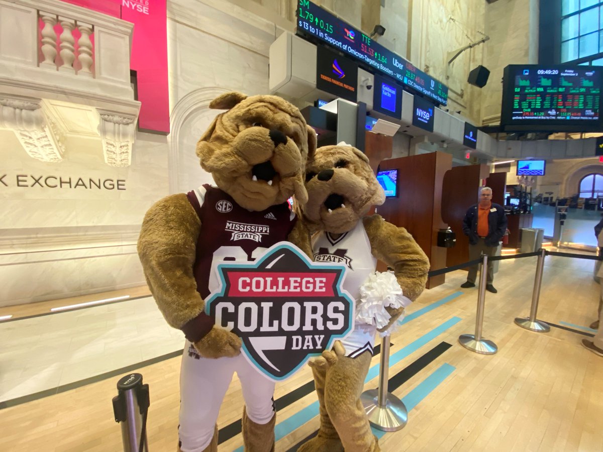 msstate's tweet photo. Ringing todayโs opening bell for the New York Stock Exchange came naturally for Bully and Belle. MSUโs costume mascots are in the Big Apple along with their counterparts from other universities for College Colors Day. Get out your maroon and join the party. #CCD22 #MaroonFriday https://t.co/8CblsU3KY1