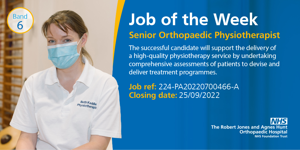 RJAH_NHS's tweet photo. We're currently recruiting a Senior Orthopaedic Physiotherapist. For more information, visit: https://t.co/3swCweZZ1U

To see all our current vacancies, visit: https://t.co/yAJmNGiHkZ https://t.co/X140bEHOcZ