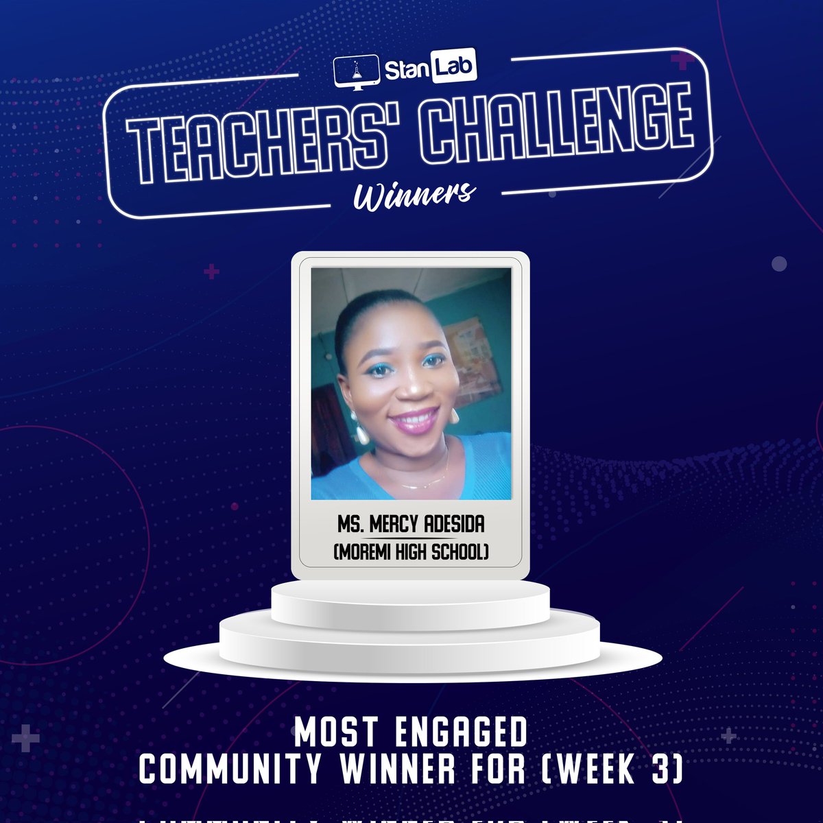 StanLabHQ's tweet photo. Congratulations, Mrs. Mercy Adesida, the winner of the #5,000 community cash prize in our ‘Week Three #StanLabTeachersChallenge task. 
Thank you for referring other teachers to join our community.
You can join the community here, https://t.co/u3KtrWD93Z
#teachersoftwitter #edtech https://t.co/tbcMxY5weO