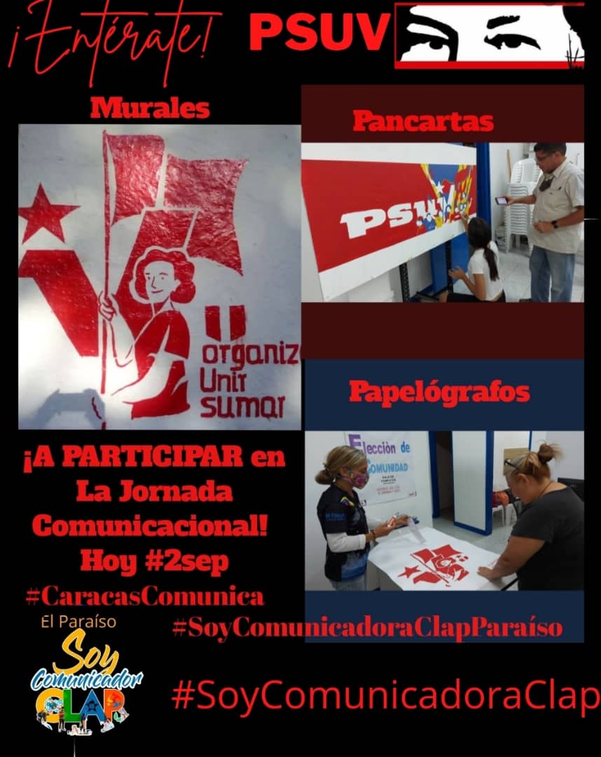 Hoy  #2sep "Jornada Comunicacional", elabora tu mural,  Pancarta, papelógrafo y el casa x casa. ¡Ah!  Y NO OLVIDES QUE TU VOTO ES SECRETO  #CaracasComunica  #SoyComunicadoraClapParaíso <a href="/NicolasMaduro/">Nicolás Maduro</a> <a href="/PartidoPSUV/">PSUV</a> <a href="/diosdadopsuv/">Diosdado Cabello</a> <a href="/SierraCarlosVEN/">CARLOS SIERRA</a> <a href="/aleman72psuv/">Juan Carlos Alemán             Cuenta Oficial</a> <a href="/CClapcaracas/">Comunicadores Clap Caracas</a>