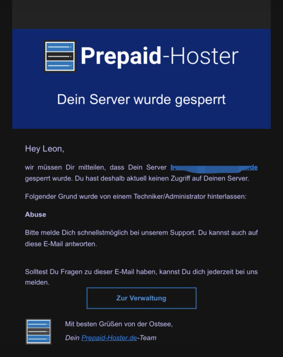 thumprexhd's tweet photo. „Du nutzt n TS &amp; n Musikbot das is Abuse.“
@prepaidhosterDE drei Tage - 2x gesperrt. Super Angebot an der Stelle. https://t.co/HDWWB9Est1