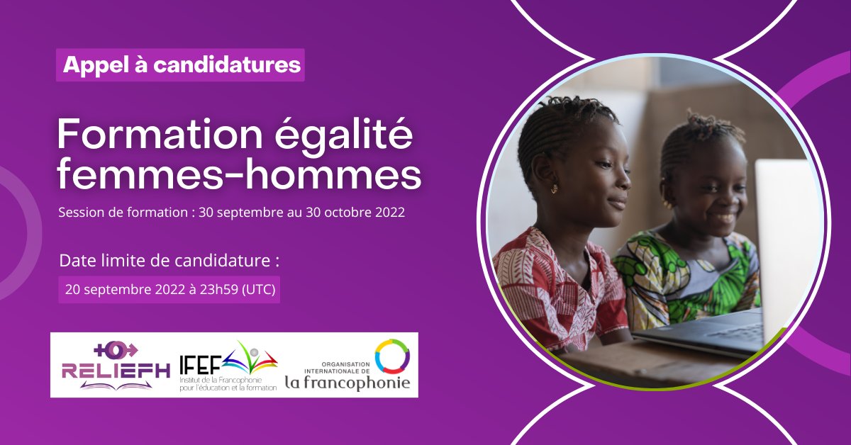 ifef_oif's tweet photo. Suite à deux sessions de #formation réussies cette année, une troisième session de formation « Égalité Femmes-Hommes » est organisée du 30 septembre au 30 octobre 2022 ⏳
📆 Date limite de candidature : 20 septembre 2022 à 23h59 (GMT).
➡️ En savoir plus : https://t.co/hRrHVHVAbp https://t.co/AoxNAvmooO