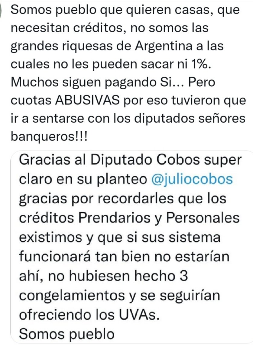 <a href="/juliocobos/">Julio Cobos</a> <a href="/RominaDelPla/">Romina Del Plá</a>
Diputados "Mil gracias" por apoyarnos ambos.

Vergüenza sus discursos, querer hacer quedar al pueblo como potentados ricos. Somos pueblo!!
<a href="/BancoCentral_AR/">BCRA</a>
<a href="/BancoCiudad/">Banco Ciudad</a>
<a href="/bancoprovincia/">Banco Provincia</a>
<a href="/BancoNacion/">Banco Nación</a>
Donde estaban los Bancos Privados!!!